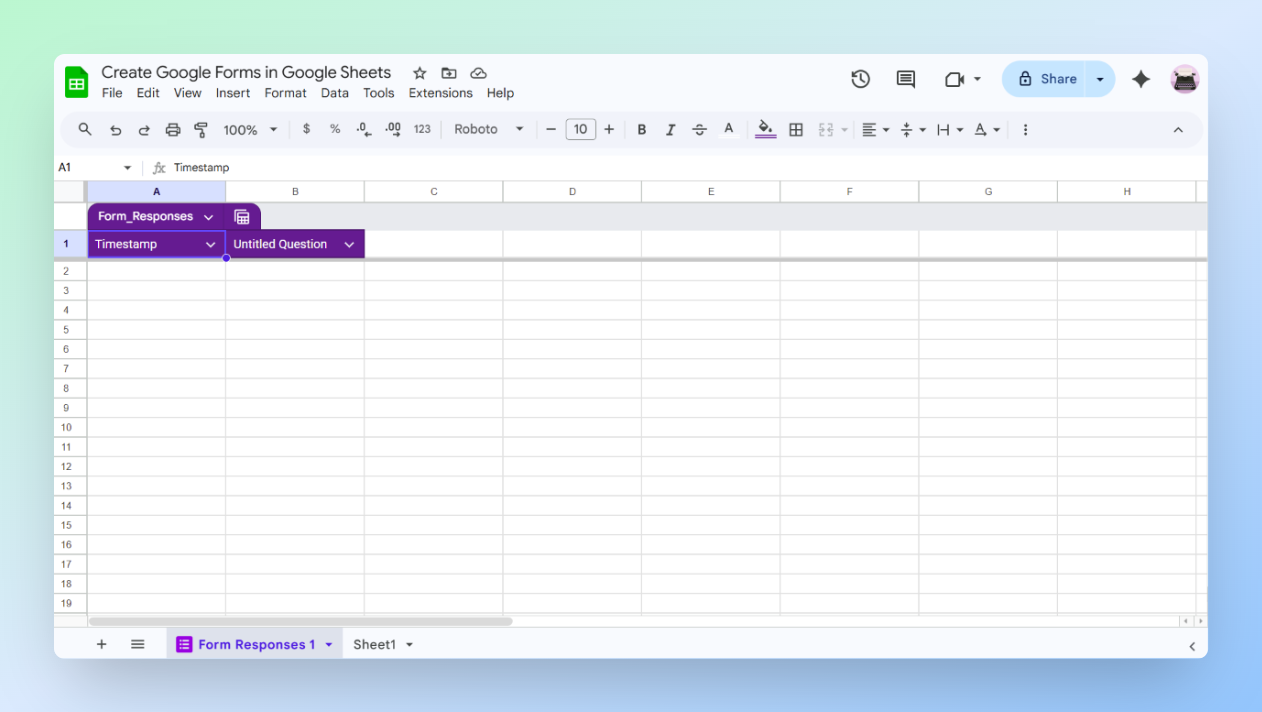 Google Sheets spreadsheet showing the new Form Responses 1 tab created for form submissions