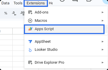 Google Sheets Extensions menu open with Apps Script highlighted
