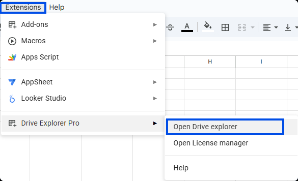 Google Sheets Extensions menu showing Drive Explorer Pro with the Open Drive explorer option highlighted