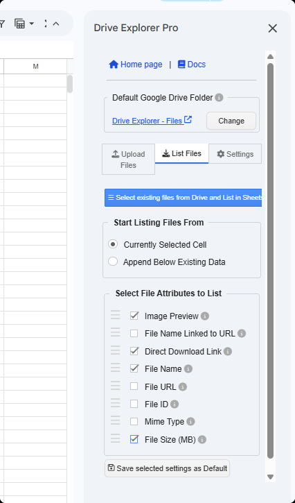 Drive Explorer Pro sidebar showing the List Files tab with listing position options and file attribute checkboxes