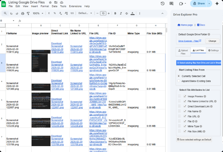 Google Sheet populated by Drive Explorer Pro showing file names, image previews, download links, file URLs, IDs, MIME types, and file sizes in columns