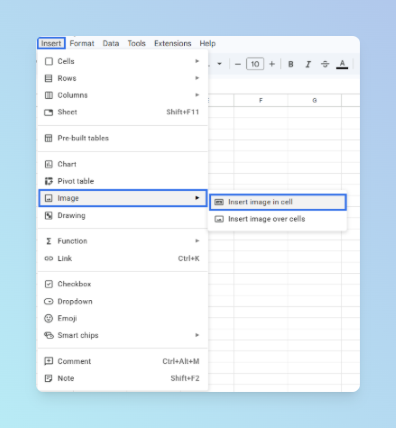 Google Sheets Insert menu open with Image submenu showing Insert image in cell and Insert image over cells