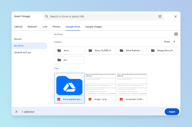 Insert image dialog with Google Drive tab selected to browse Drive files