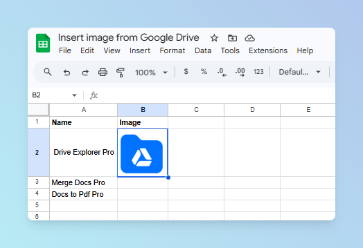 Insert image dialog showing a selected file from Google Drive ready to insert