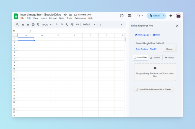 Drive Explorer Pro add-on sidebar open on the right of Google Sheets