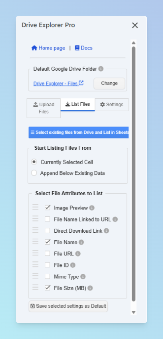 Drive Explorer Pro List Files tab with insert location and attribute options