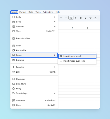 Google Sheets top menu with Insert selected