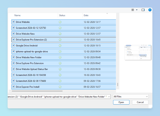 Upload area showing files ready to upload to Drive
