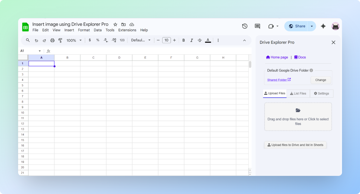 Drive Explorer Pro add-on open as a sidebar panel inside Google Sheets
