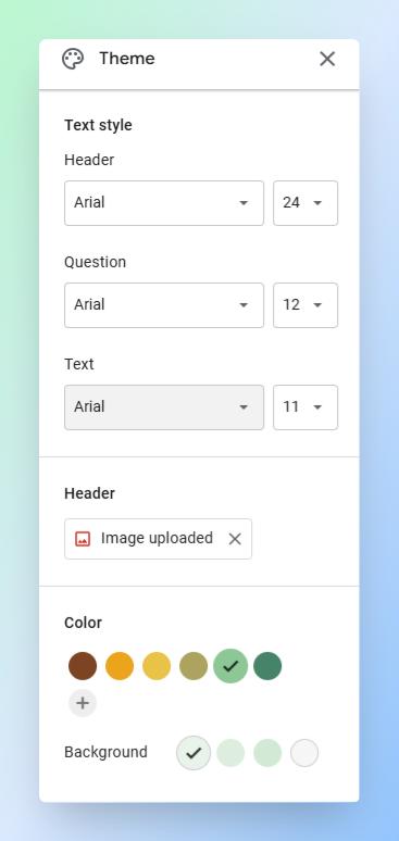 Google Forms editor showing the Customize theme palette icon at the top right