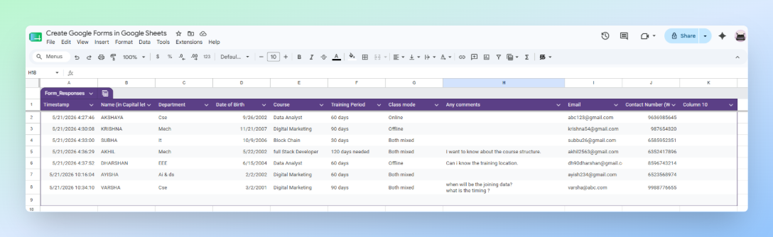Google Sheets Form Responses 1 tab showing submitted form responses in rows and columns