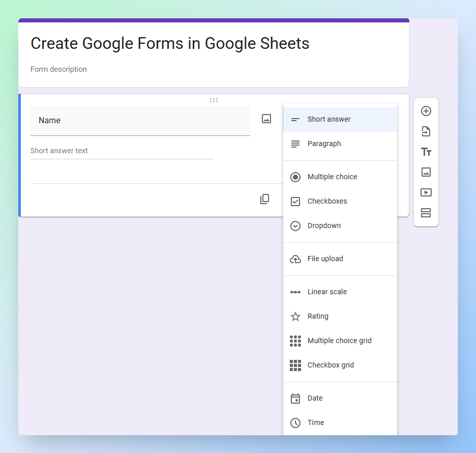 Google Forms question type menu showing options such as Short answer, Paragraph, Multiple choice, Checkboxes, and Dropdown
