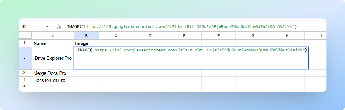 IMAGE formula in a Google Sheets cell with a URL as the argument
