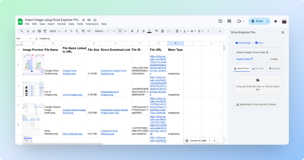 Image previews listed in a Google Sheet after using Drive Explorer Pro