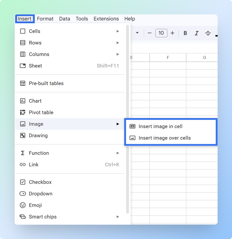 Google Sheets Insert menu with options to insert image in cell or over cells