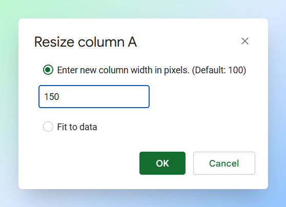 Resize column option highlighted in the Google Sheets column menu