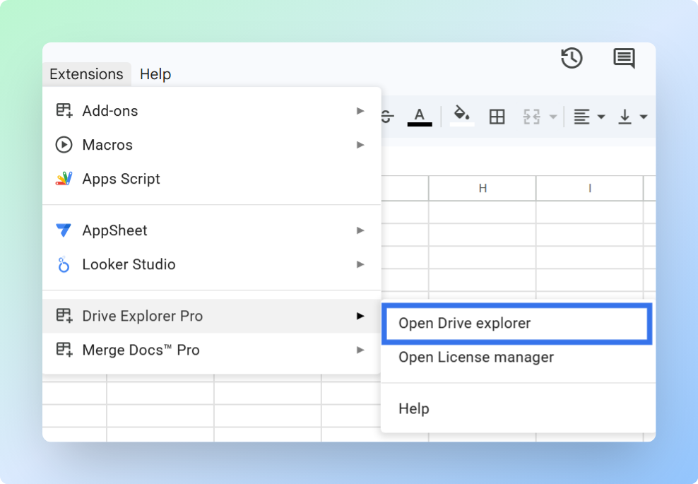 Extensions menu in Google Sheets showing the Drive Explorer Pro entry point