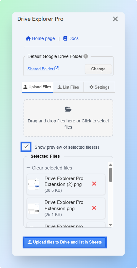 Show preview option checked in Drive Explorer Pro with image thumbnails visible