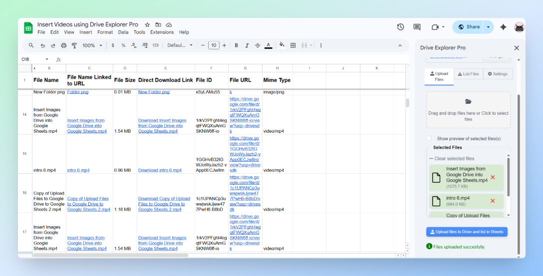 Uploaded video files listed in Google Sheets with shareable Google Drive links from Drive Explorer Pro